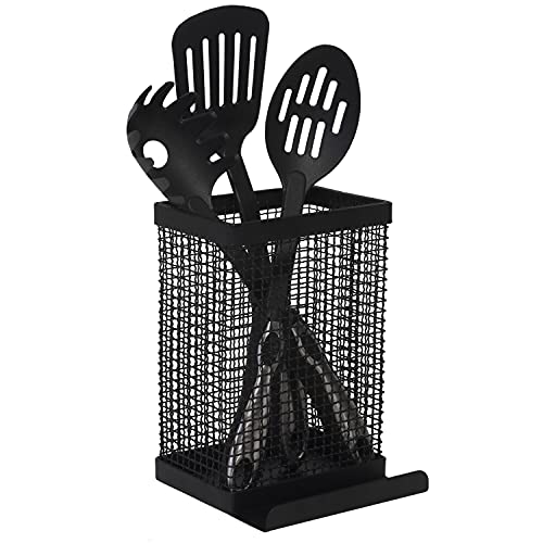 Kitchen Details Industrial Collection Tablet and Utensil Holder | Dimensions 6.69" x 5.51" x 7.48" | Freestanding | Rust Resistant | Kitchen Accessories | Matte Black