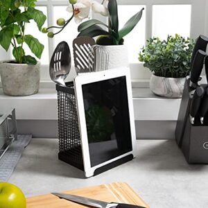 Kitchen Details Industrial Collection Tablet and Utensil Holder | Dimensions 6.69" x 5.51" x 7.48" | Freestanding | Rust Resistant | Kitchen Accessories | Matte Black