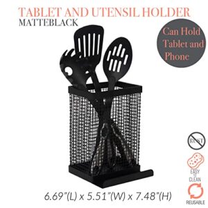 Kitchen Details Industrial Collection Tablet and Utensil Holder | Dimensions 6.69" x 5.51" x 7.48" | Freestanding | Rust Resistant | Kitchen Accessories | Matte Black