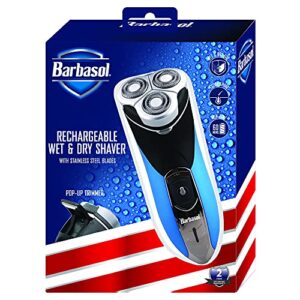 barbasol rechargeable electric wet and dry rotary shaver with stainless steel blades and pop up trimmer