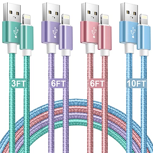 iPhone Charger Cord 4Pack【3FT/6FT/6FT/10FT】MFi Certified Lightning Cable Fast Charging Cord Nylon Braided iPhone Charging Cable Compatible with iPhone13 /12/11 /Pro Max/XR/8/7/6/6s/SE 2020-Multicolor