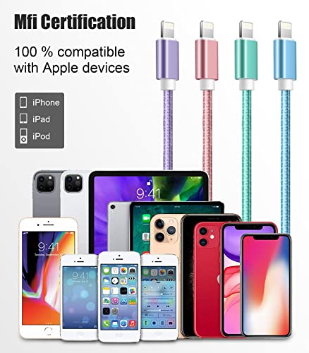 iPhone Charger Cord 4Pack【3FT/6FT/6FT/10FT】MFi Certified Lightning Cable Fast Charging Cord Nylon Braided iPhone Charging Cable Compatible with iPhone13 /12/11 /Pro Max/XR/8/7/6/6s/SE 2020-Multicolor