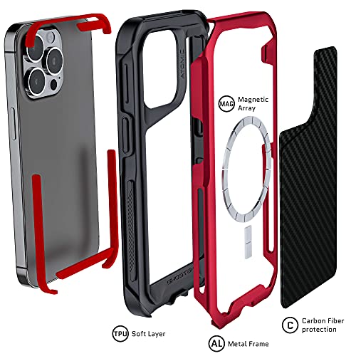 Ghostek ATOMIC slim iPhone 13 mini Phone Case with Real Carbon Fiber and MagSafe Ring Magnet Built-In Red Aluminum Bumper Armor Covers Designed for 2021 Apple iPhone13 mini (5.4") (Carbon Fiber - Red)