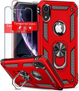 sunstory compatible for iphone xr case with tempered glass screen protector,iphone xr phone case with magnetic ring kickstand for iphone xr 2018 (red, iphone xr)