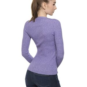 AmélieBoutik Women Cotton Blend V Neck Long Sleeve Ribbed Sweater (Heather Purple X-Large)