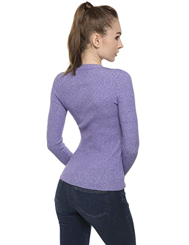 AmélieBoutik Women Cotton Blend V Neck Long Sleeve Ribbed Sweater (Heather Purple X-Large)