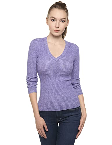 AmélieBoutik Women Cotton Blend V Neck Long Sleeve Ribbed Sweater (Heather Purple X-Large)