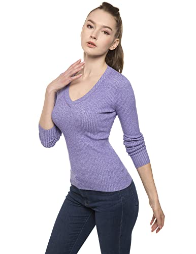 AmélieBoutik Women Cotton Blend V Neck Long Sleeve Ribbed Sweater (Heather Purple X-Large)