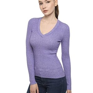 AmélieBoutik Women Cotton Blend V Neck Long Sleeve Ribbed Sweater (Heather Purple X-Large)