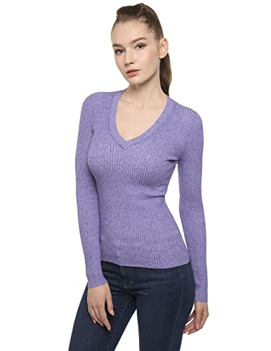 AmélieBoutik Women Cotton Blend V Neck Long Sleeve Ribbed Sweater (Heather Purple X-Large)