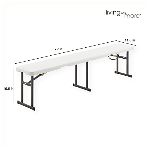 Living and More 6 Foot Fold-in-Half Bench with Carrying Handle, Easy Folding and Transport, Indoor/Outdoor Use, Sturdy Steel Frame, White