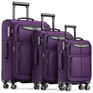 showkoo luggage sets 3 piece softside expandable lightweight durable suitcase sets double spinner wheels tsa lock purple (20in/24in/28in)