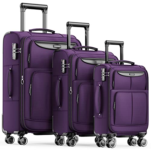 SHOWKOO Luggage Sets 3 Piece Softside Expandable Lightweight Durable Suitcase Sets Double Spinner Wheels TSA Lock Purple (20in/24in/28in)