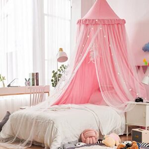 Mengersi Bed Canopy for Girls with Stars String Lights,Double Sheer Mesh Lightproof Canopy Bed Curtains Bed Netting-Extra Large for Twin Full Queen King Bed,Castle Play Tent Hanging House Décor