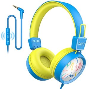 riyo kids headphones with microphone wired on-ear headphones with 85db/94db volume limited 3.5mm jack foldable stereo headphones for kids/school/travel/cellphones/tablets/kindle (blue)