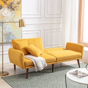 Vicluke Convertible Futon Sofa Bed, Modern Linen Split-Back Folding Sleeper Sofa Couches with Adjustable Backrest, Armrest, Wooden Frame & Leg for Living Room,Apartment,Christmas Decor(Yellow)