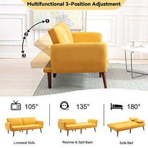 Vicluke Convertible Futon Sofa Bed, Modern Linen Split-Back Folding Sleeper Sofa Couches with Adjustable Backrest, Armrest, Wooden Frame & Leg for Living Room,Apartment,Christmas Decor(Yellow)