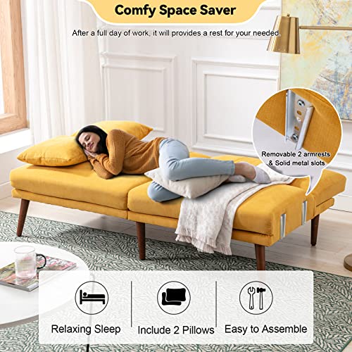 Vicluke Convertible Futon Sofa Bed, Modern Linen Split-Back Folding Sleeper Sofa Couches with Adjustable Backrest, Armrest, Wooden Frame & Leg for Living Room,Apartment,Christmas Decor(Yellow)