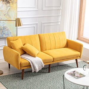 Vicluke Convertible Futon Sofa Bed, Modern Linen Split-Back Folding Sleeper Sofa Couches with Adjustable Backrest, Armrest, Wooden Frame & Leg for Living Room,Apartment,Christmas Decor(Yellow)