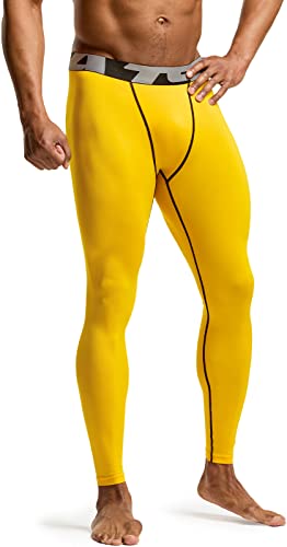 TSLA Men's Compression Pants, Cool Dry Athletic Workout Running Tights Leggings with Pocket/Non-Pocket, 3pack Cool Dry Pants Camo Black/Yellow/Brick, XX-Large