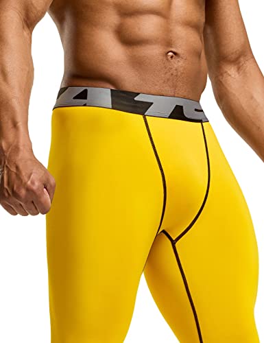 TSLA Men's Compression Pants, Cool Dry Athletic Workout Running Tights Leggings with Pocket/Non-Pocket, 3pack Cool Dry Pants Camo Black/Yellow/Brick, XX-Large