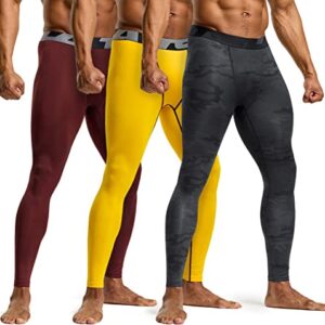 TSLA Men's Compression Pants, Cool Dry Athletic Workout Running Tights Leggings with Pocket/Non-Pocket, 3pack Cool Dry Pants Camo Black/Yellow/Brick, XX-Large