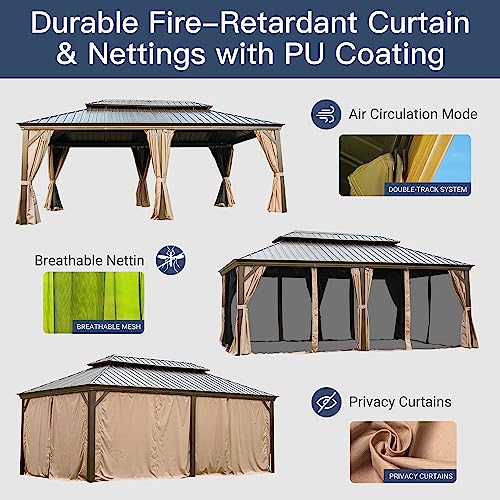 12' x 20' Hardtop Gazebo Outdoor Aluminum Gazebos with Galvanized Steel Double Canopy for Patios Deck Backyard,with Curtains&Netting by domi outdoor living Brown