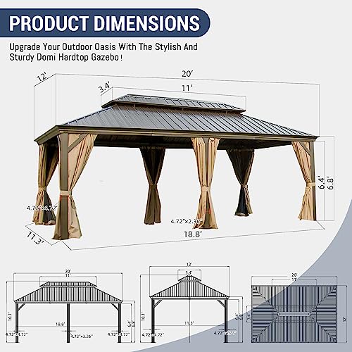 12' x 20' Hardtop Gazebo Outdoor Aluminum Gazebos with Galvanized Steel Double Canopy for Patios Deck Backyard,with Curtains&Netting by domi outdoor living Brown