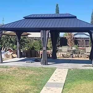 12' x 20' Hardtop Gazebo Outdoor Aluminum Gazebos with Galvanized Steel Double Canopy for Patios Deck Backyard,with Curtains&Netting by domi outdoor living Brown