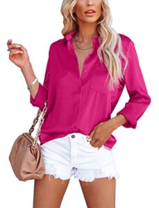 omsj women's button down shirts satin v neck long sleeve casual work blouse tops with pocket (1173l, rose red)