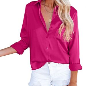 OMSJ Women's Button Down Shirts Satin V Neck Long Sleeve Casual Work Blouse Tops with Pocket (1173L, Rose Red)