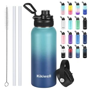 insulated water bottle with straw, sports water bottle 1 l, reusable vacuum 18/8 stainless steel flask thermos, modern wide mouth double walled simple mug, keeps hot & cold (32 oz, deep aqua & blue)