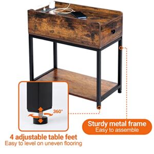 AMHANCIBLE End Table Living Room with Charging Station, Narrow Nightstand with USB Ports & Power Outlets, Slim Bedside Table for Small Spaces, Bedroom, Rustic Brown HET04LDBR1