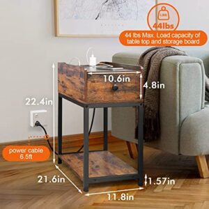 AMHANCIBLE End Table Living Room with Charging Station, Narrow Nightstand with USB Ports & Power Outlets, Slim Bedside Table for Small Spaces, Bedroom, Rustic Brown HET04LDBR1