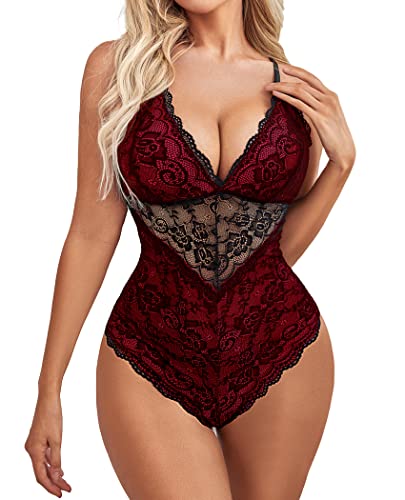 Avidlove Lingerie Bodysuit for Women Floral Lace Teddy One Piece Babydoll Mini Babydoll (Red,L)