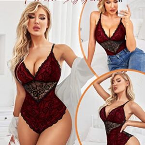 Avidlove Lingerie Bodysuit for Women Floral Lace Teddy One Piece Babydoll Mini Babydoll (Red,L)