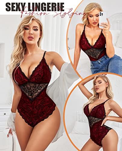 Avidlove Lingerie Bodysuit for Women Floral Lace Teddy One Piece Babydoll Mini Babydoll (Red,L)