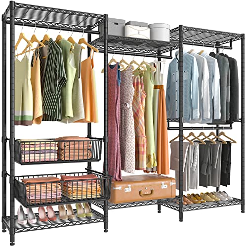 VIPEK V10 Wire Garment Rack 5 Tiers Heavy Duty Clothes Rack with Hanging Rods, Wire Shelves & 2 Slid Storage Baskets, Large Size Clothing Rack 85.4" W x 15.7" D x 76.4" H, Max Load 800 LBS, Black