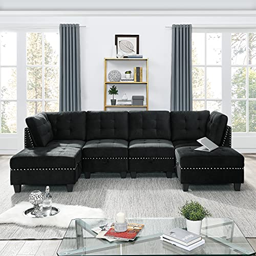 Melpomene U Shape Sectional Sofa DIY Sofa Combination，Includes Two Single Chair ，Two Corner and Two Ottoman(Black, Velvet+Two Single Chair)