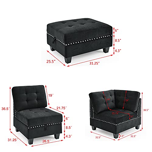 Melpomene U Shape Sectional Sofa DIY Sofa Combination，Includes Two Single Chair ，Two Corner and Two Ottoman(Black, Velvet+Two Single Chair)