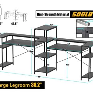 HYPIGO Two Person Computer Desk with Storage Shelves, 109 inches Extra Long Double Workstation Desk with Printer Shelf & Monitor Stand, Large Office Desk Study Writing Table for Home Office - Black