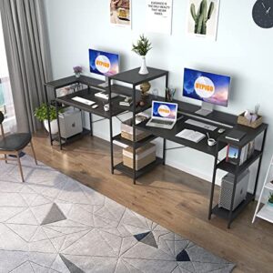 HYPIGO Two Person Computer Desk with Storage Shelves, 109 inches Extra Long Double Workstation Desk with Printer Shelf & Monitor Stand, Large Office Desk Study Writing Table for Home Office - Black