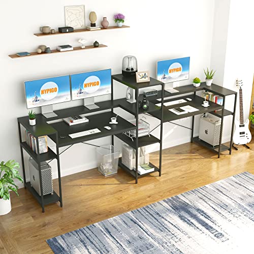 HYPIGO Two Person Computer Desk with Storage Shelves, 109 inches Extra Long Double Workstation Desk with Printer Shelf & Monitor Stand, Large Office Desk Study Writing Table for Home Office - Black