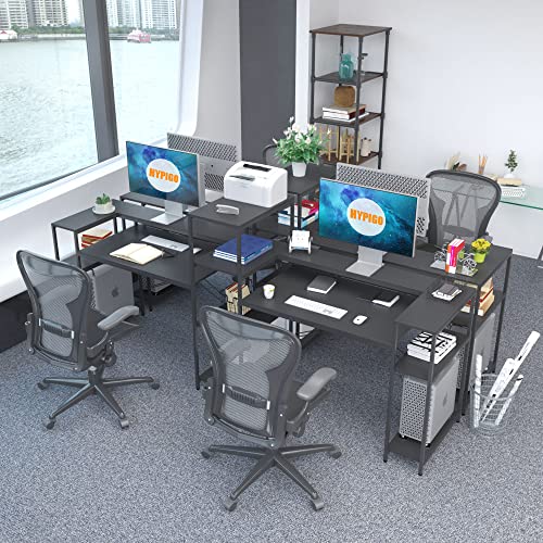 HYPIGO Two Person Computer Desk with Storage Shelves, 109 inches Extra Long Double Workstation Desk with Printer Shelf & Monitor Stand, Large Office Desk Study Writing Table for Home Office - Black
