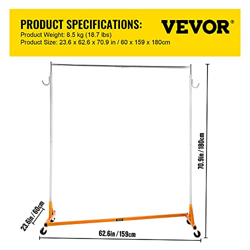 VEVOR Z Rack, 300 lbs Industrial Grade Z Base Garment Rack, 24" x 63" x 71" Height Adjustable Clothes Rack, Sturdy Steel Heavy Duty Clothing Rack w/ Lockable Casters for Home Garment Store Orange