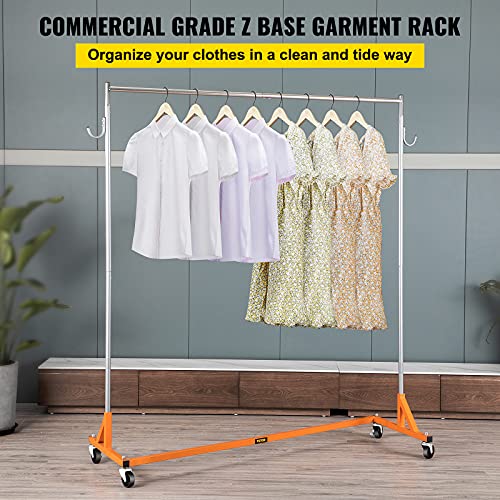 VEVOR Z Rack, 300 lbs Industrial Grade Z Base Garment Rack, 24" x 63" x 71" Height Adjustable Clothes Rack, Sturdy Steel Heavy Duty Clothing Rack w/ Lockable Casters for Home Garment Store Orange