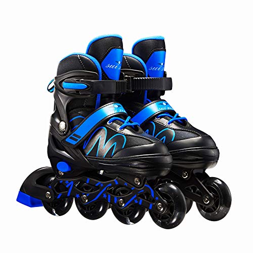 4 Colors Adjustable Light up Full Protection Roller Skates for Girls Boys Tennagers (Blue, M) Medium