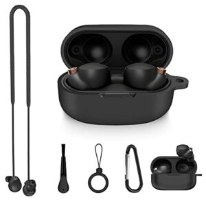 for sony wf-1000xm4 case cover,woocon 5 in 1 soft silicone protective accessories kit skin sleeve for sony wf1000xm4 true wireless earbuds charging case with keychain/anti-lost strap/ring/brush(black)