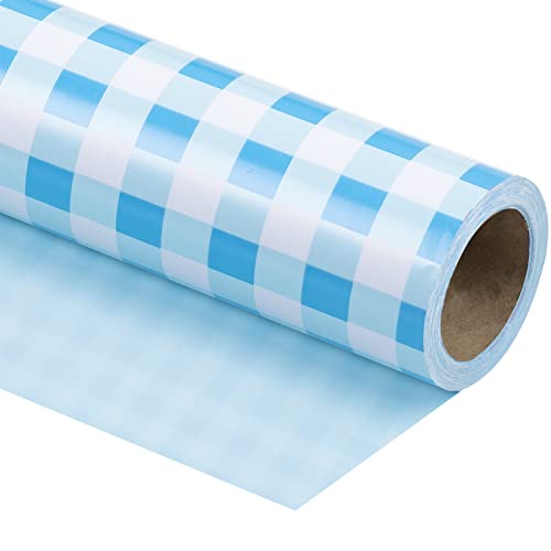 WRAPAHOLIC Reversible Wrapping Paper Roll - Blue and White Plaid Design for Birthday, Holiday, Wedding, Baby Shower and More Occasions - 30 Inch x 33 Feet