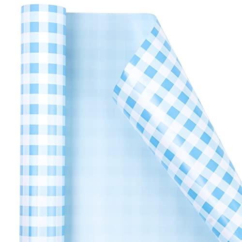 WRAPAHOLIC Reversible Wrapping Paper Roll - Blue and White Plaid Design for Birthday, Holiday, Wedding, Baby Shower and More Occasions - 30 Inch x 33 Feet